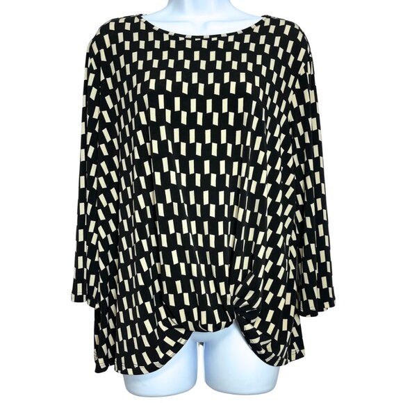 Clara Sunwoo Check Print Top Size L Black Cream Front Knot Stretch Knit Blouse - Picture 1 of 11